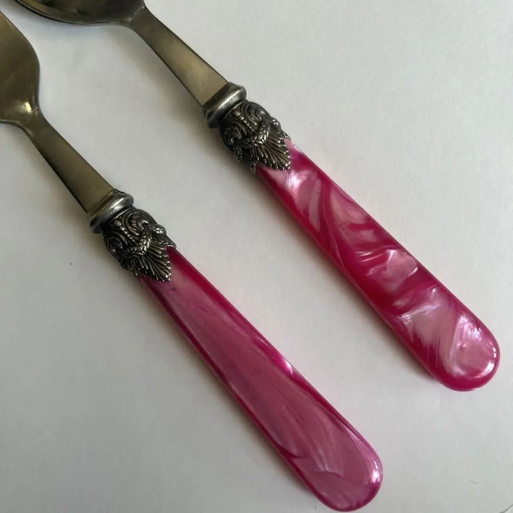 Vintage Eme Napoleon 18/10 Stainless Steel Italian Spoon and Fork Set Pink Pearl